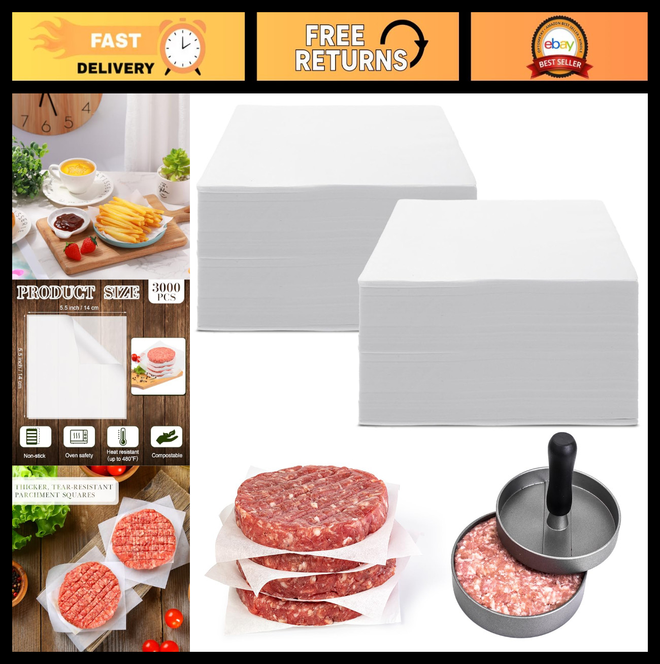 3000 Non-Stick Hamburger Patty Paper Squares 5.5"x5.5" for Food Prep & Baking gallery