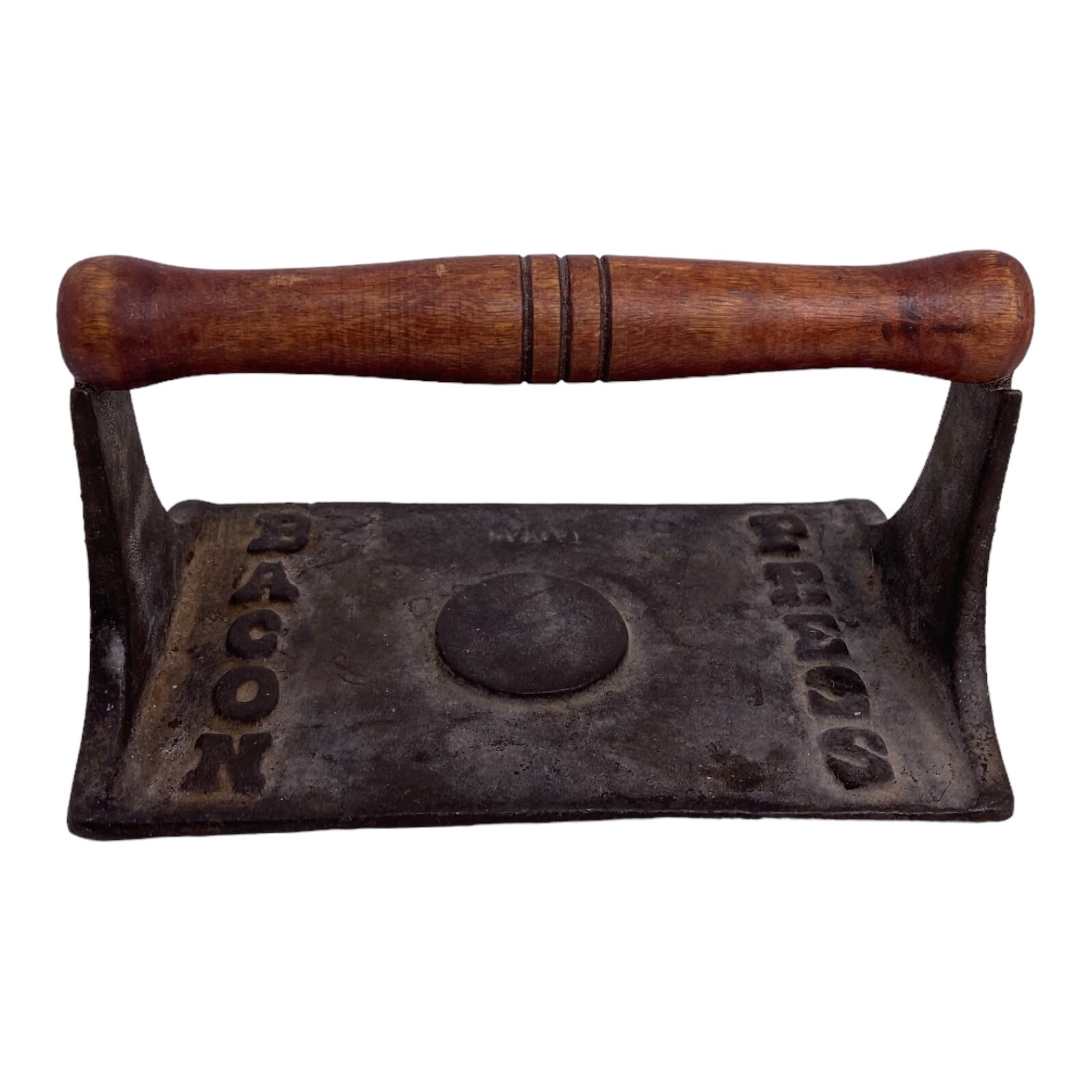 🍌 Vintage Cast Iron Bacon Press with Wood Handle & Pig Head Image Taiwan EUC P4 gallery