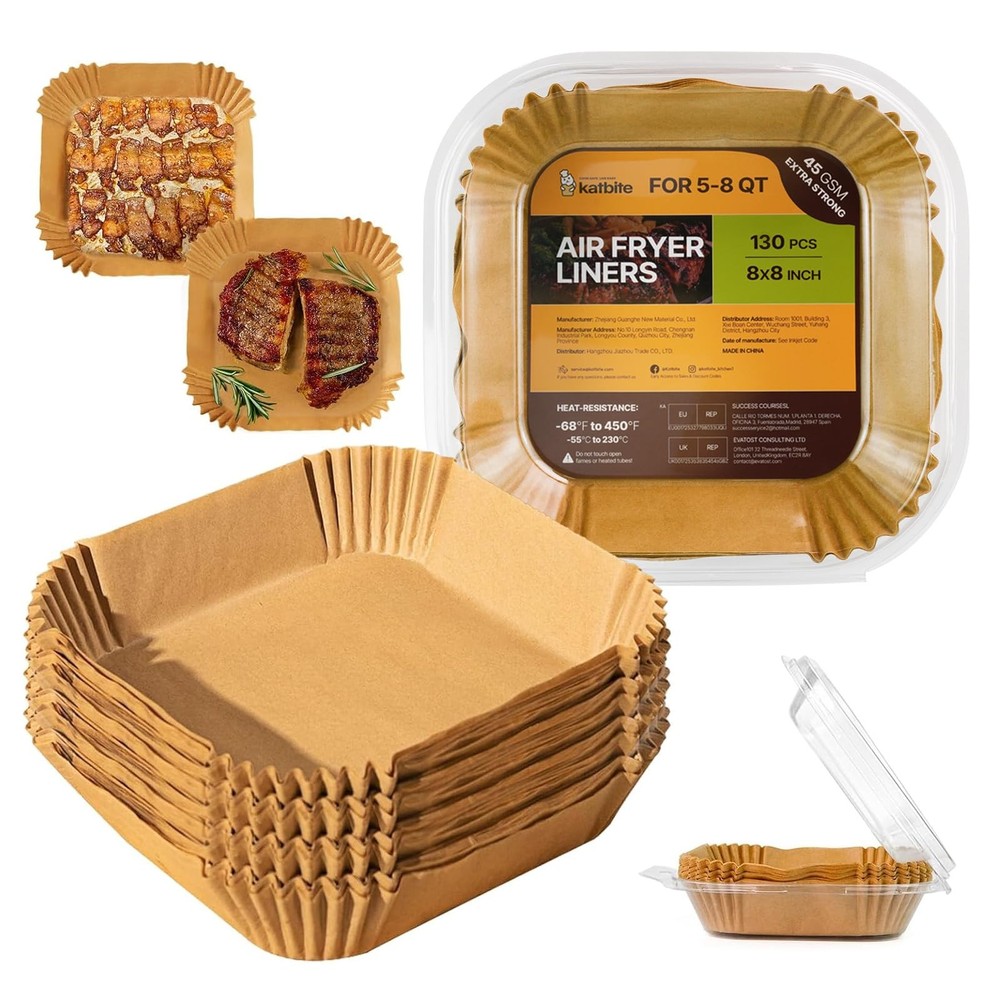 Katbite Air Fryer Liners 8" Square - Parchment Paper, Square-8"- 130pcs