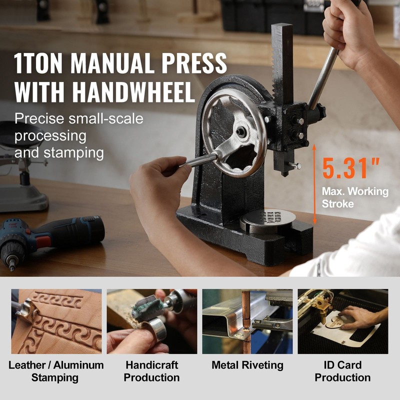 Arbor Press, 1 Ton Manual Arbor Press with Handwheel, 5.9" Maximum Height, Cast gallery