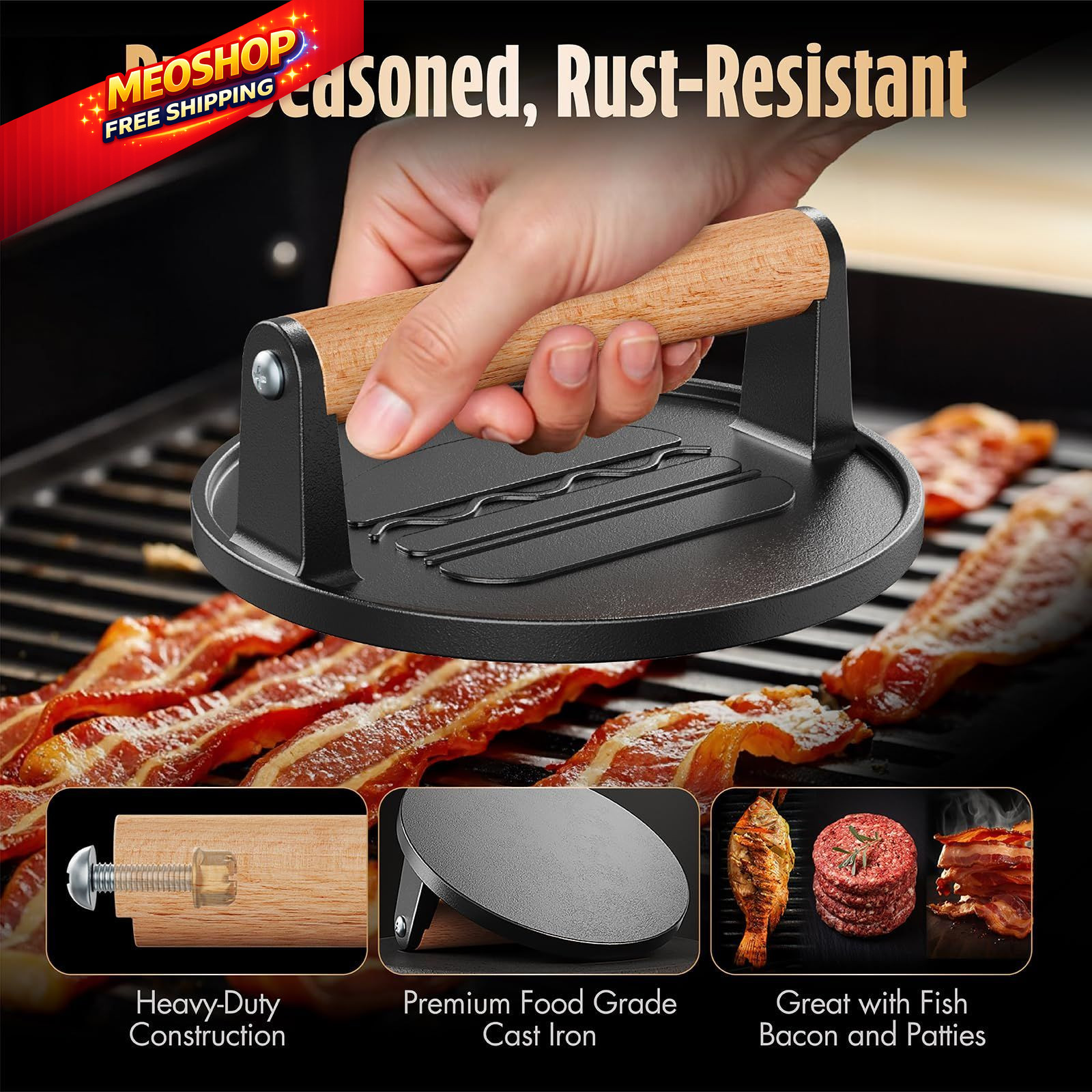 Pisol Smash Burger Press, Pre-Seasoned Cast Iron Hamburger Smasher, 2 Round gallery