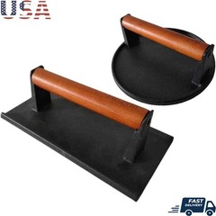 Heavy Duty Cast Iron Bacon Grill Press W/ Stay Cool Wood Handle Cooking Tool New