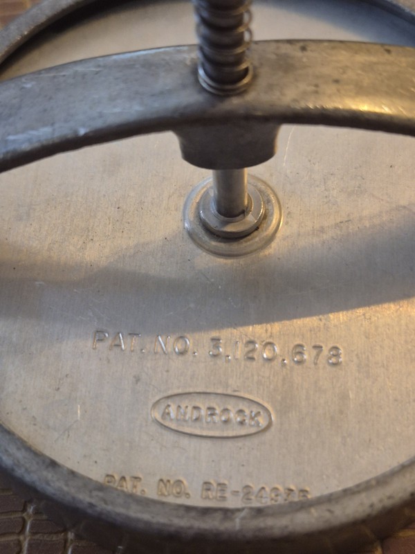 Vintage Androck Hamburger Patty Press — Wood Handle, 1950s Patent No. 24355 gallery