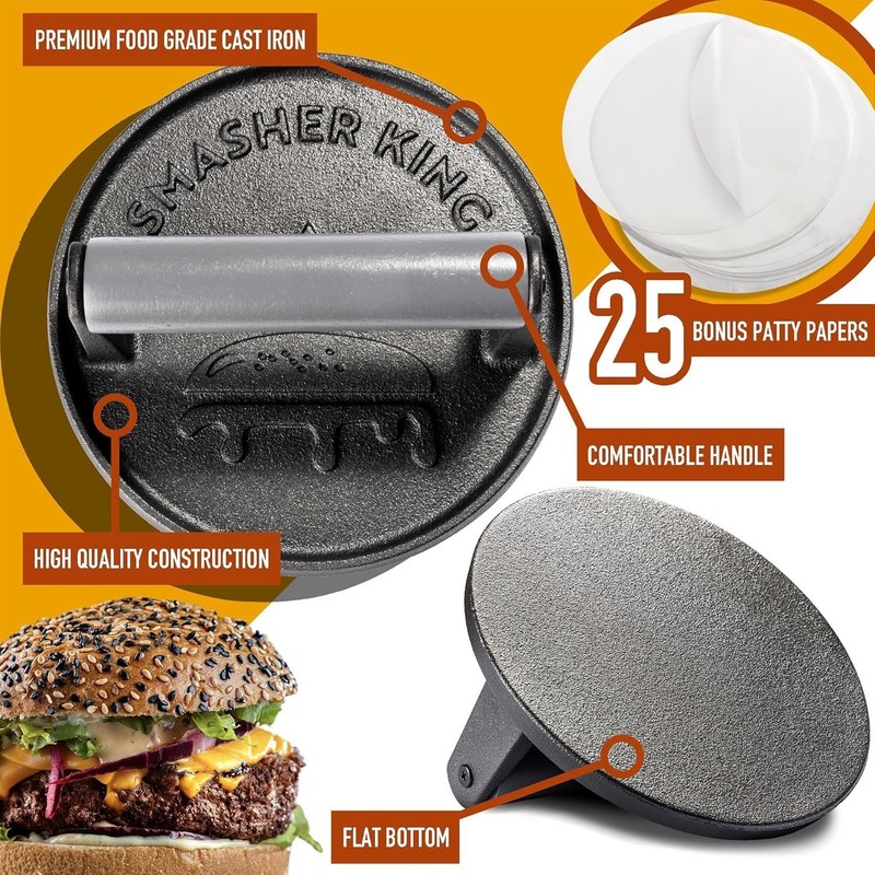 Versatile Cast Iron Burger Smasher – Heavy Duty Tool for Burger and Steak Lovers gallery