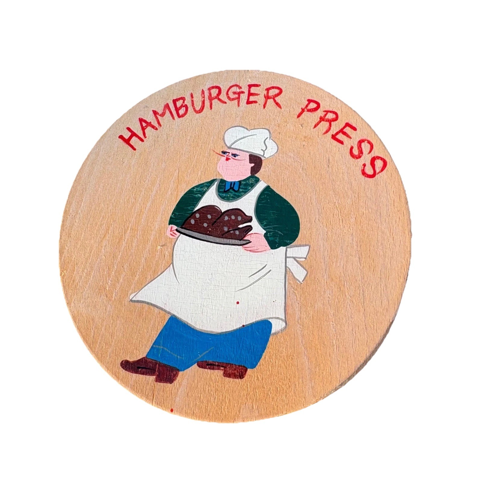 Vintage Wooden Hamburger Press Chef Graphic Hinged Burger Maker Japan MCM 5.5" gallery