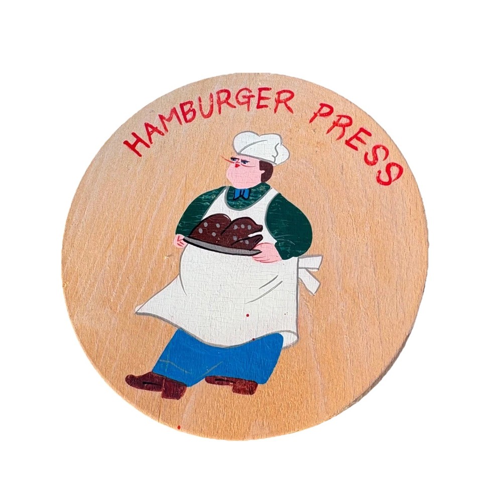 Vintage Wooden Hamburger Press Chef Graphic Hinged Burger Maker Japan MCM 5.5"