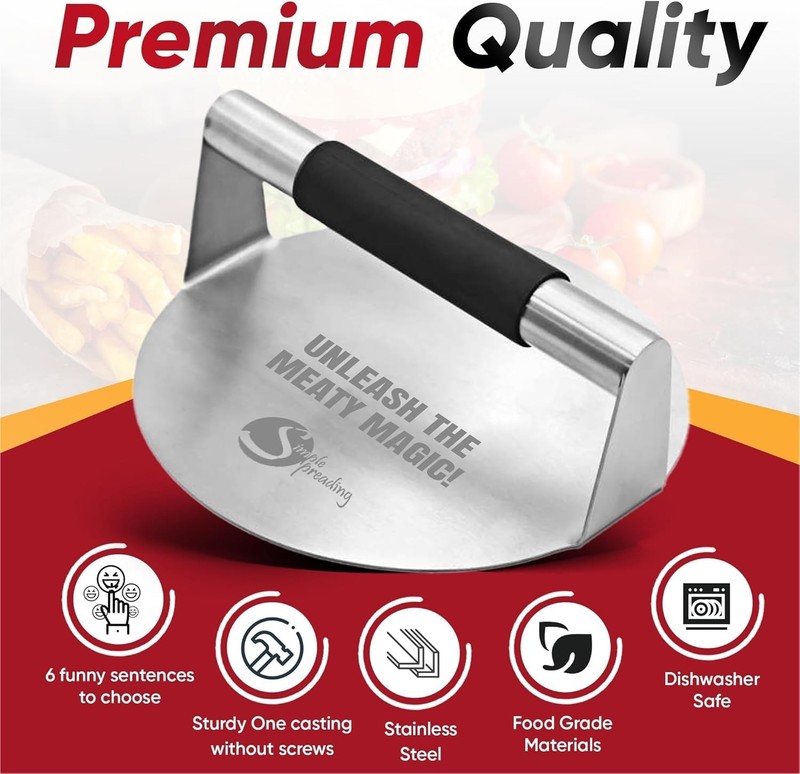 Simple preading Smash Burger Press with Fun Quotes - Stainless Steel Hamburge gallery
