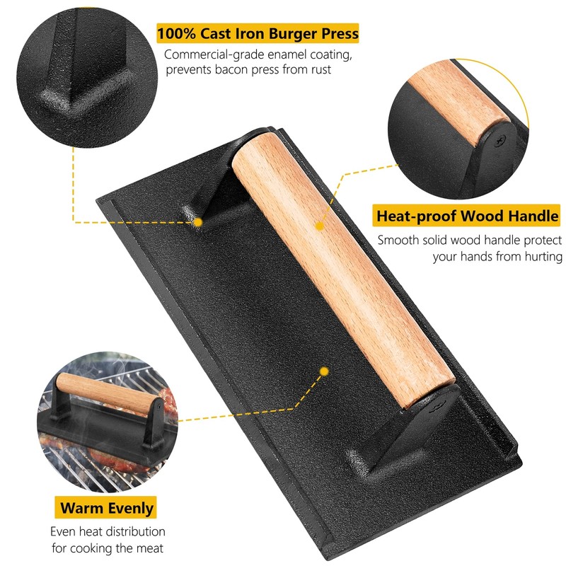 2 PCS Heavy Duty Cast Iron Burger Press Set, Round & Rectangular Smash Press gallery