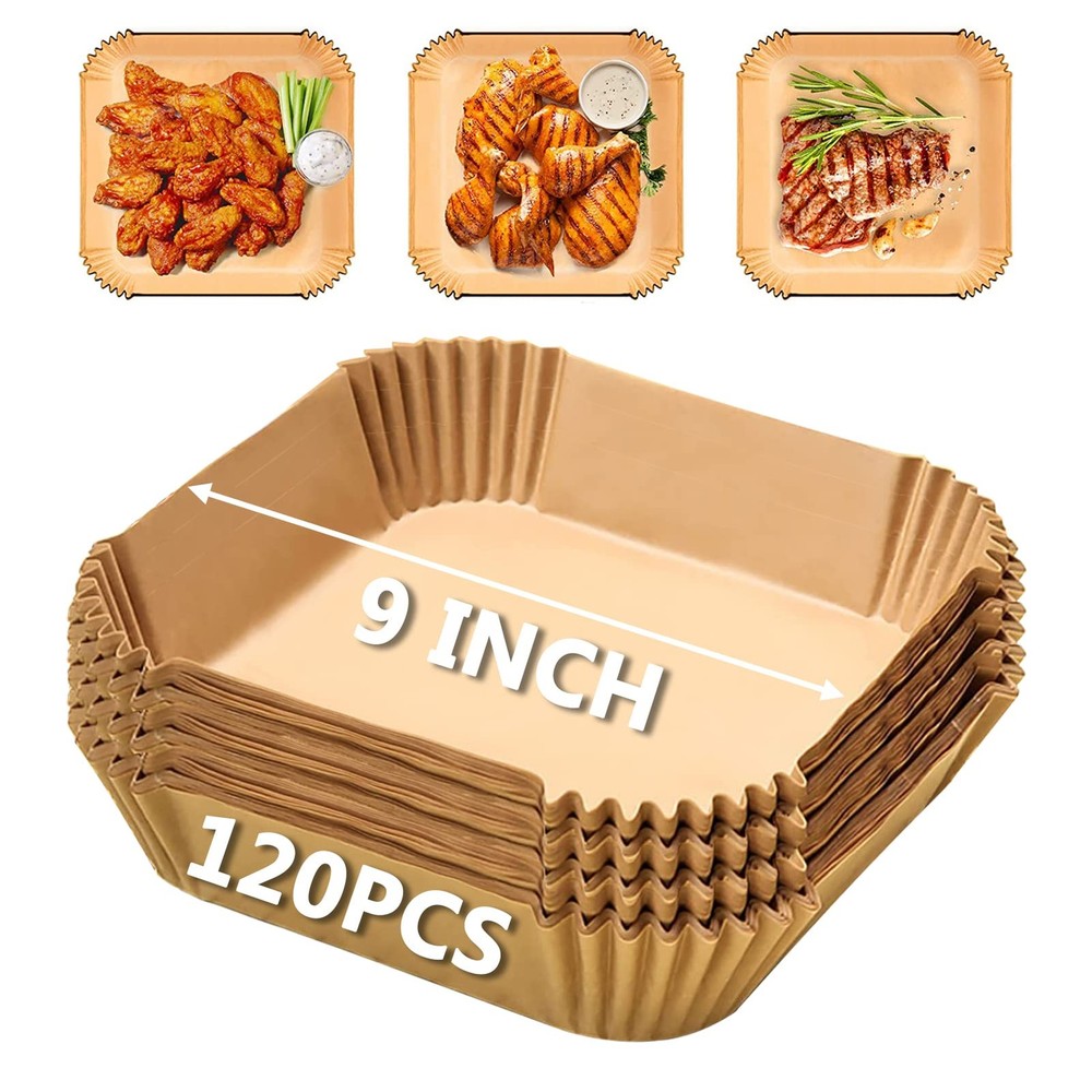 Air Fryer Liners 9 Inch, Airfryer Square-9inch (120pcs), Brown