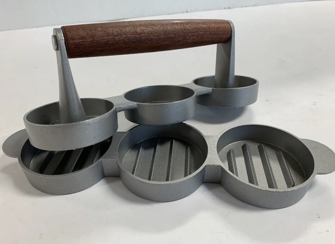 Mini Hamburger Patty Slider Press | Makes 3 | Metal w/ Wooden Handle | 10" Long gallery