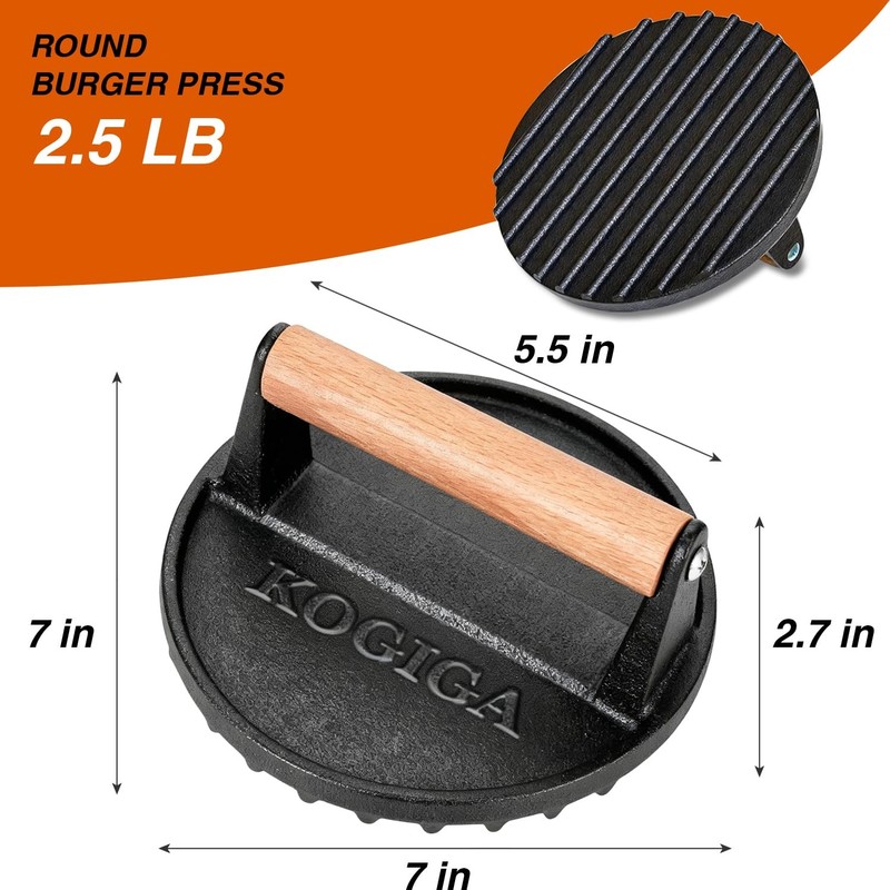 Cast Iron Smash Burger Press 2.5lb - 7 Inch Round Heavy Duty Bacon & Grill gallery