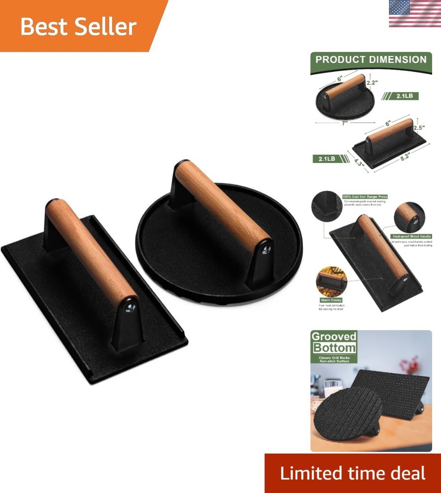 Professional Quality Bacon & Burger Press - 2 Pack with Ergonomic Wooden Handle