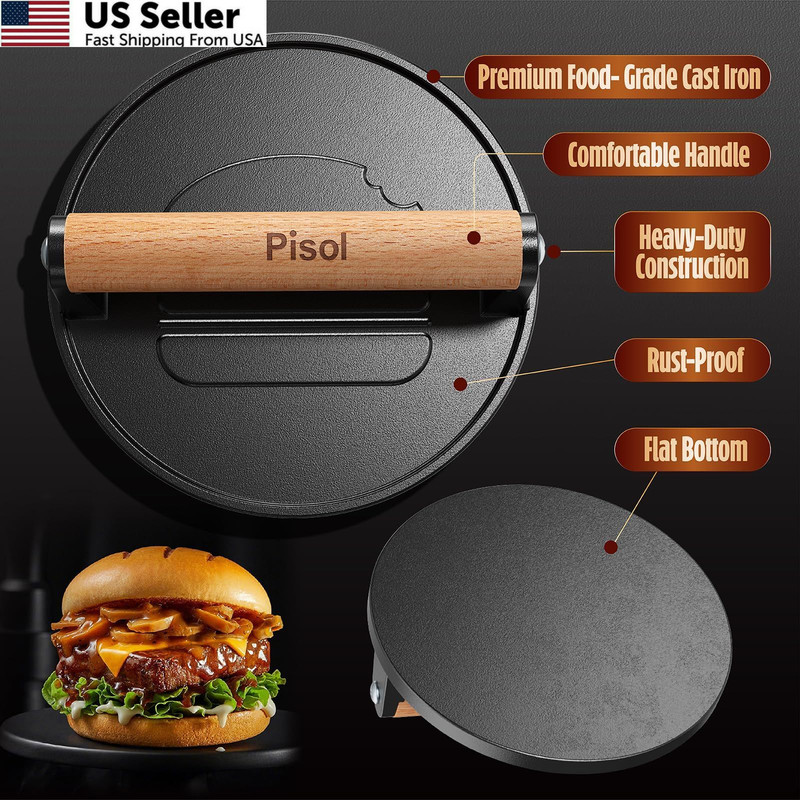 Pisol Smash Burger Press, Pre-Seasoned Cast Iron Hamburger Smasher, 2 Round gallery