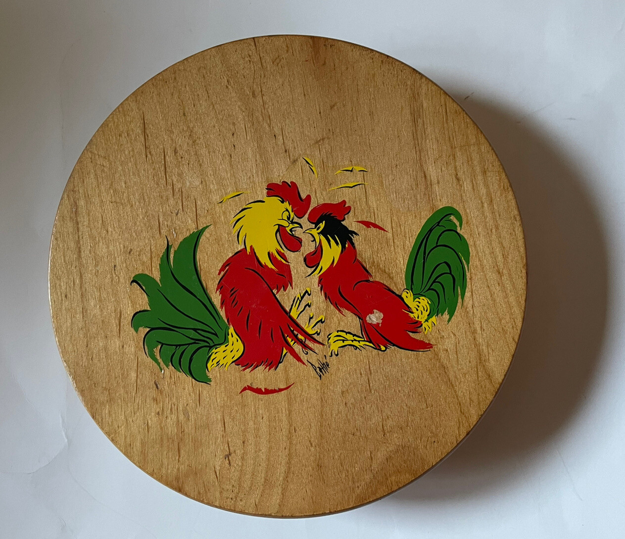 Wooden Hinged Burger Press VTG Japanese Hand Painted Roosters gallery