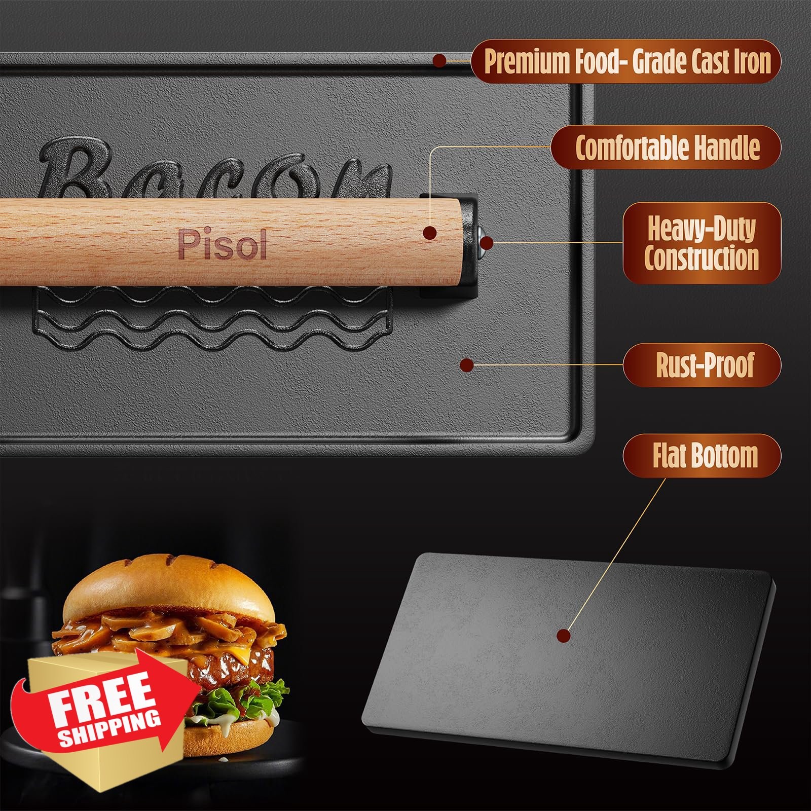 Pisol Bacon Press Smash Burger Press, Pre-Seasoned Cast Iron Hamburger, 2 lb ... gallery