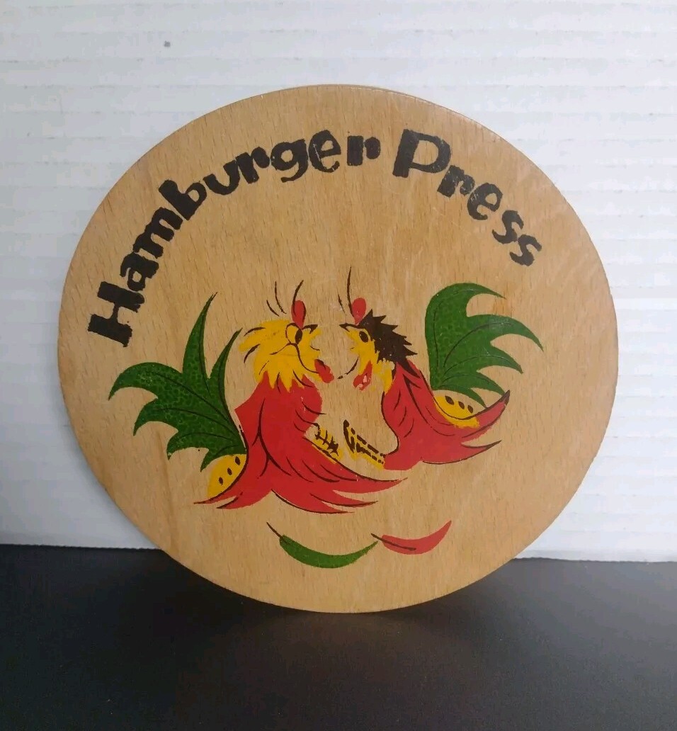 Vintage Wood Hamburger Press Roosters Made in Japan Retro Kitchen gallery