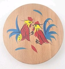 Vintage Retro Wooden Tortilla Maker/Hamburger Press Fighting Cocks 1950s