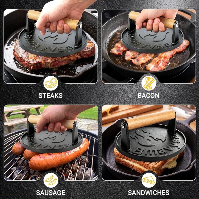 Heavy-Duty Cast Iron Smash Burger Press, Non-Stick and Rust Resistant, Burger Sm gallery
