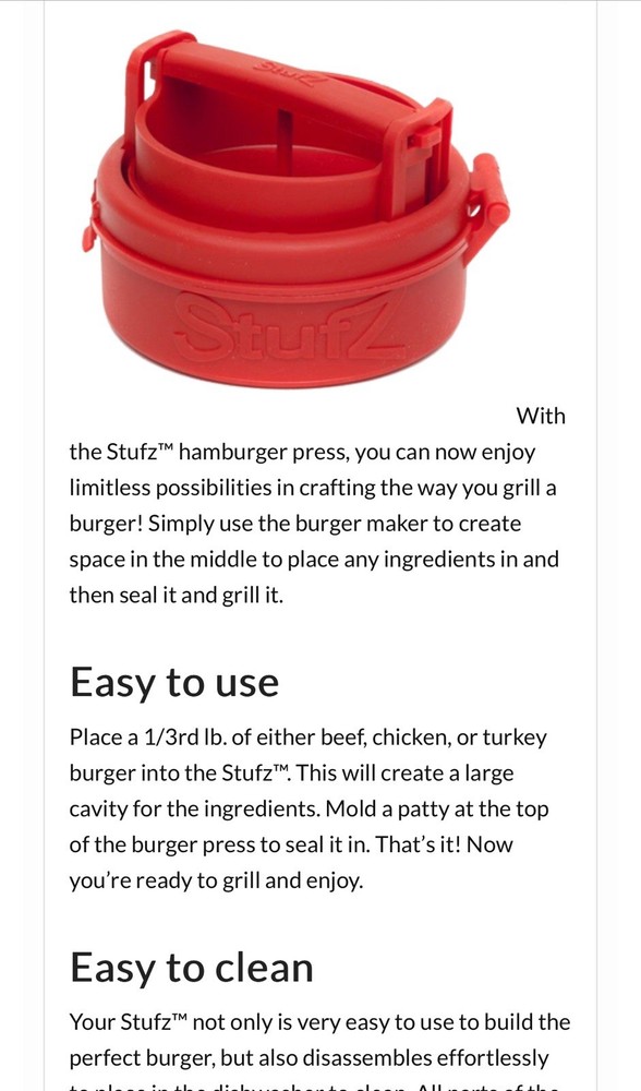 Stufz Stuffed Burger Press Hamburger Patty Maker As Seen On TV New No Box