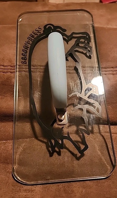 Prepology 2 lb Glass Bacon Burger Press Pig Decal Gray Comfort Grip Handle FP gallery