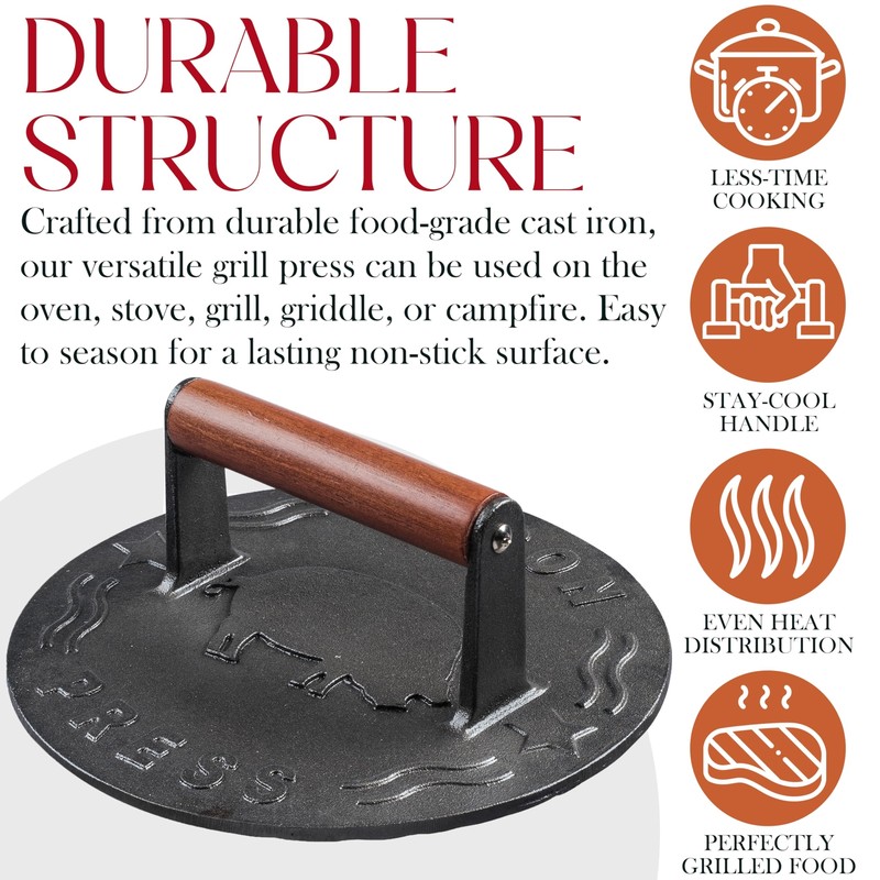 Heavy-Duty Cast Iron Grill Press For Seared Bacon, Steak & Sandwiches,3 Lbs NEW gallery