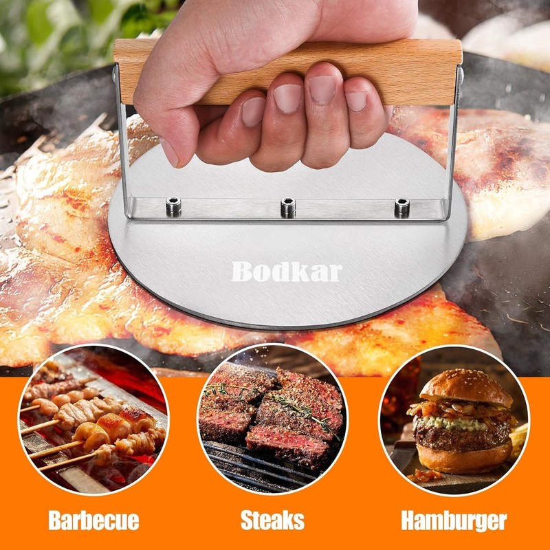 Smash Burger Press Stainless Steel 6 Inch round Hamburger Press with Wood Handle gallery