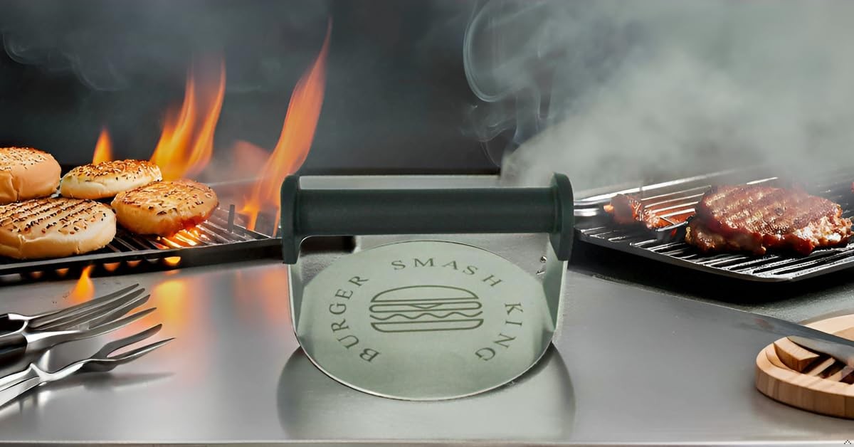 JNXHON Stainless Steel Burger Smash Press,Hamburger Press for 6, BLACK gallery
