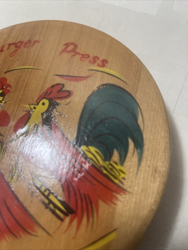 Vintage Wooden Hamburger Press Painted Roosters Made In Japan gallery
