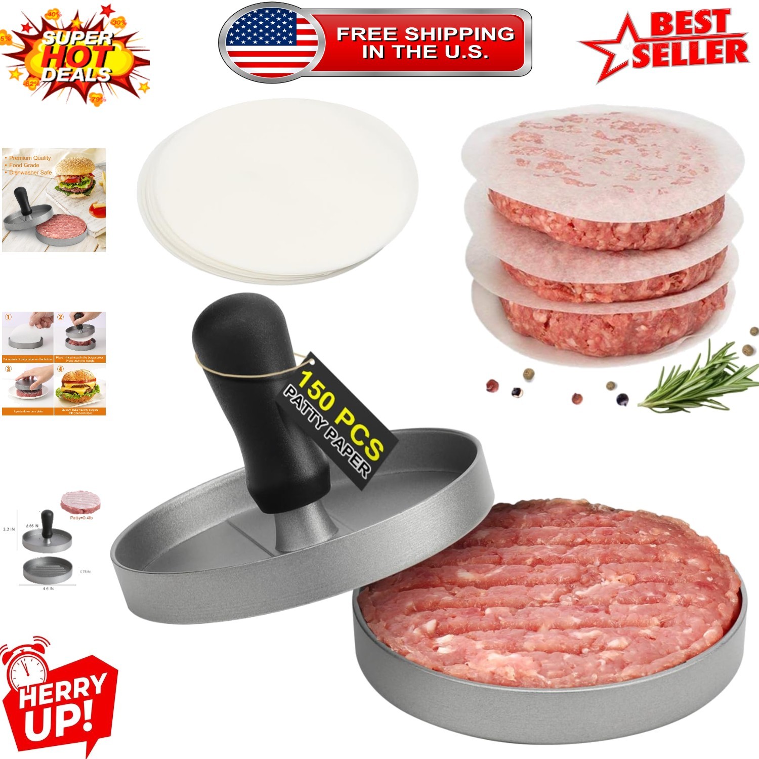 Ergonomic Non-Stick Hamburger Press with 150 Free Patty Papers - BBQ Ready! gallery