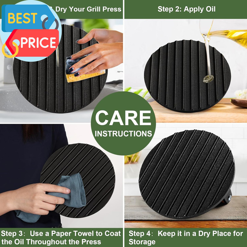 Burger Press, 7" round Heavy-Duty Cast Iron Smash Bacon Press Meat Steak with Wo gallery