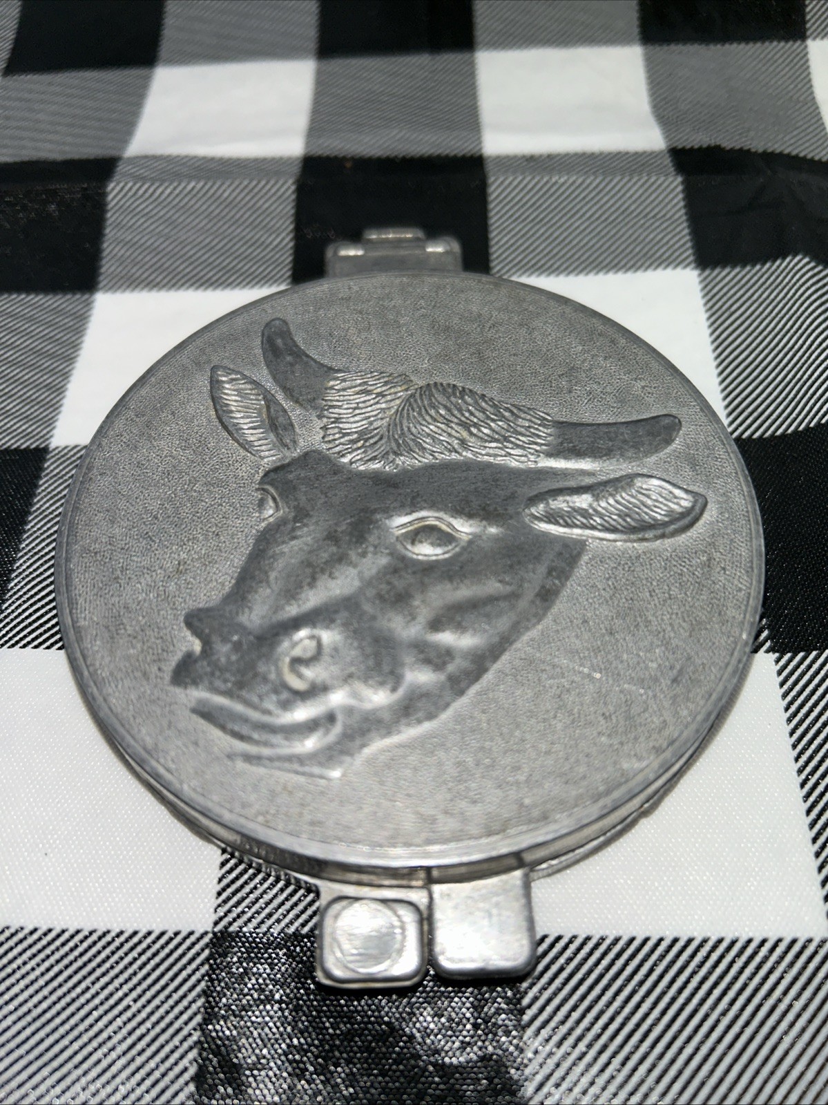 Vintage Farm Decor, Metal Hamburger Patty Press, Cow, Steer, Embossed USA PEWTER gallery