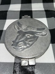 Vintage Farm Decor, Metal Hamburger Patty Press, Cow, Steer, Embossed USA PEWTER