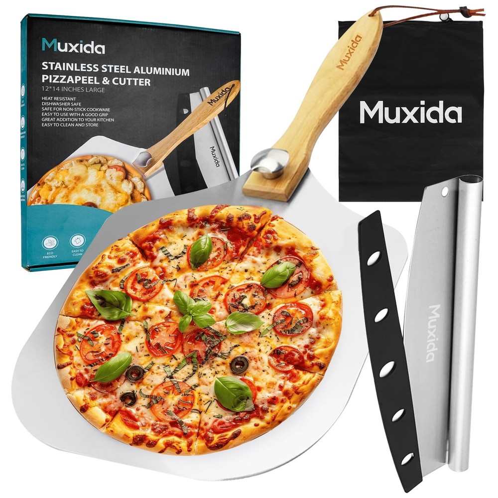 Aluminum Pizza Peel & Rocker Cutter Set (12" x 14") Premium Stainless Steel P...