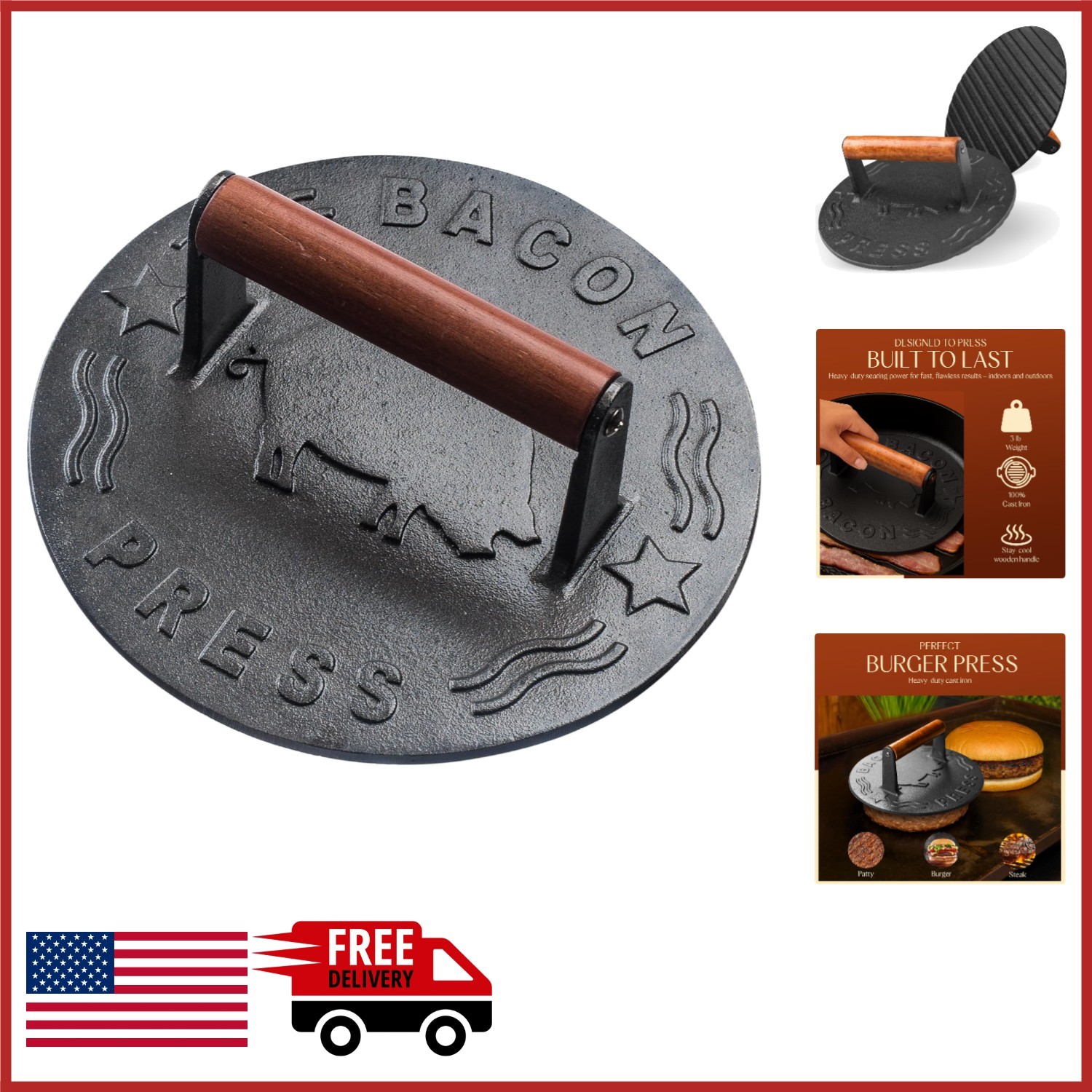 7 Inch Cast Iron Burger Press for Perfectly Searing Bacon, Steak, Sandwiches gallery