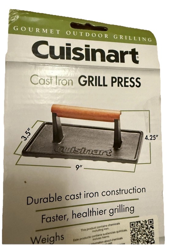 Cuisinart 9” Cast Iron Grill Press Nonstick Wooden Handle NEW gallery
