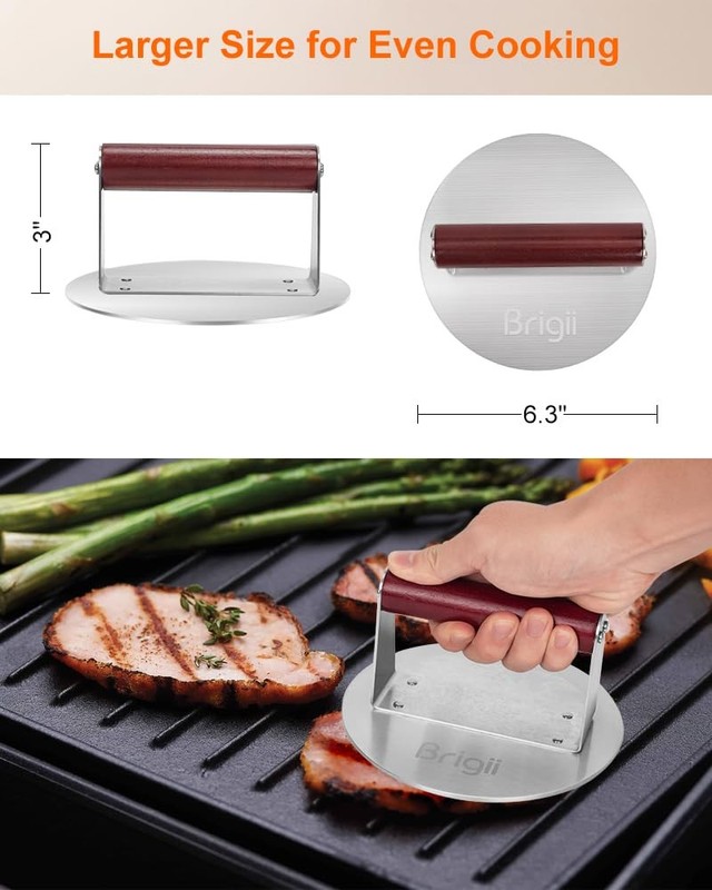 Brigii 6.3" Stainless Steel Smashed Burger Press, Round Flat Edge Grill Press... gallery