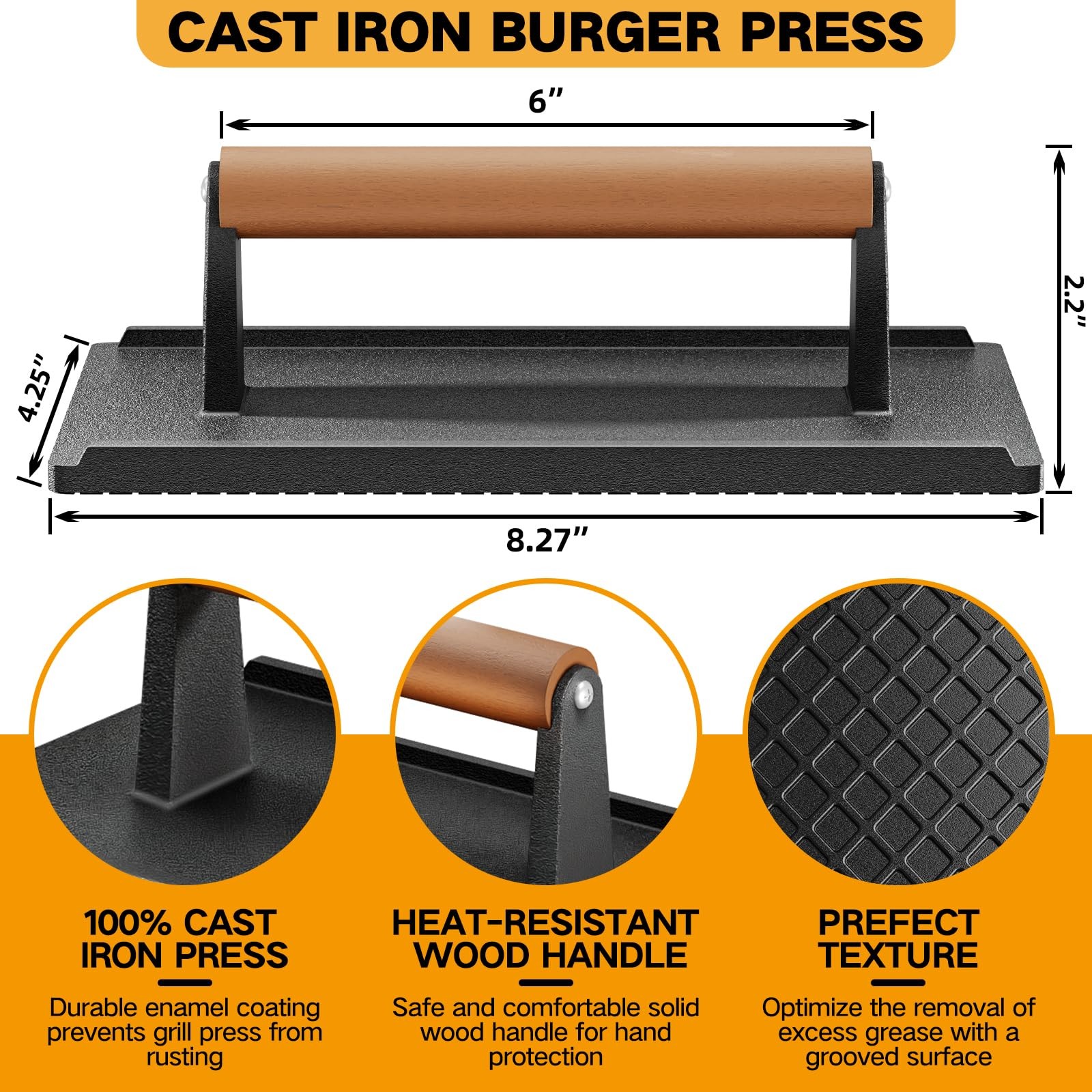 Cast Iron Grill Press Heavy Duty Bacon Burger Griddle Wood Handle 1 PCS gallery