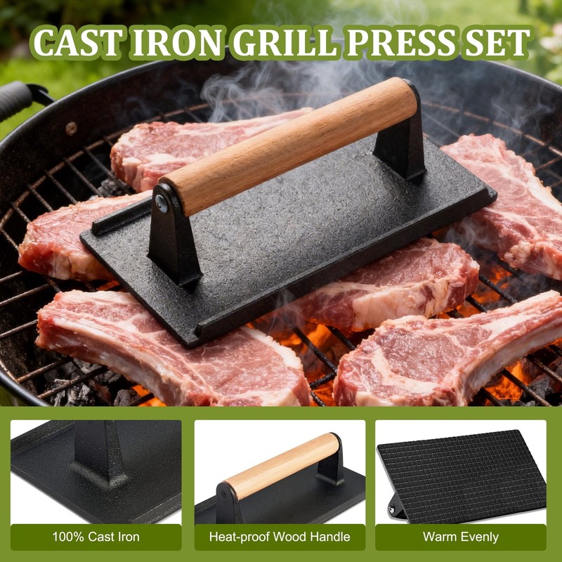 Burger Press Set: 7" Round & 8"x4" Cast Iron Grill Press with Wood Handle gallery