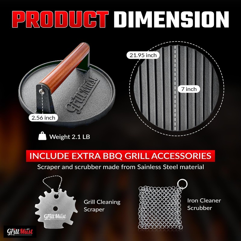 Grill Burger Press Premium Bacon Set: 7″ Meat Cast Iron for Perfectly Griddle gallery