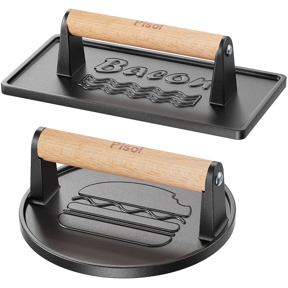 Pisol Smash Burger Press 2PCS, PreSeasoned Cast Iron Hamburger Smasher, Heavy...