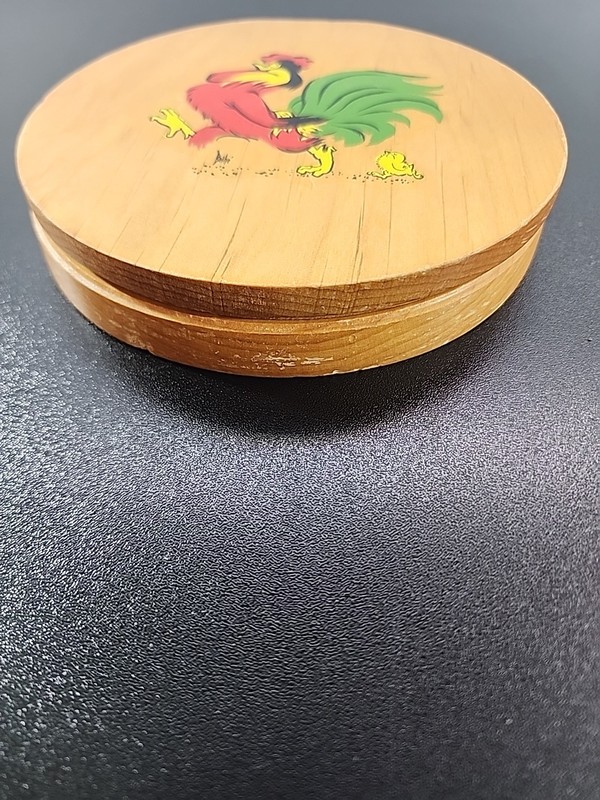 Vintage Wooden Wood Hamburger Patty Press Hand Painted Folk Art Chickens Rooster gallery