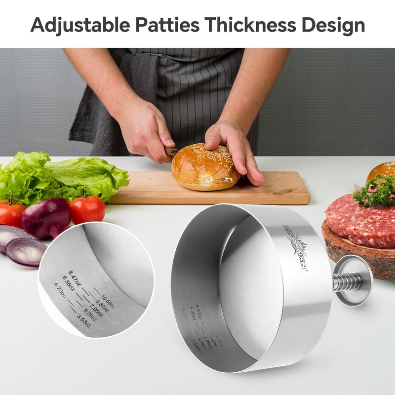 304 Stainless Steel Burger Press Patty Maker - 4.5", Adjustable, Non-Stick gallery