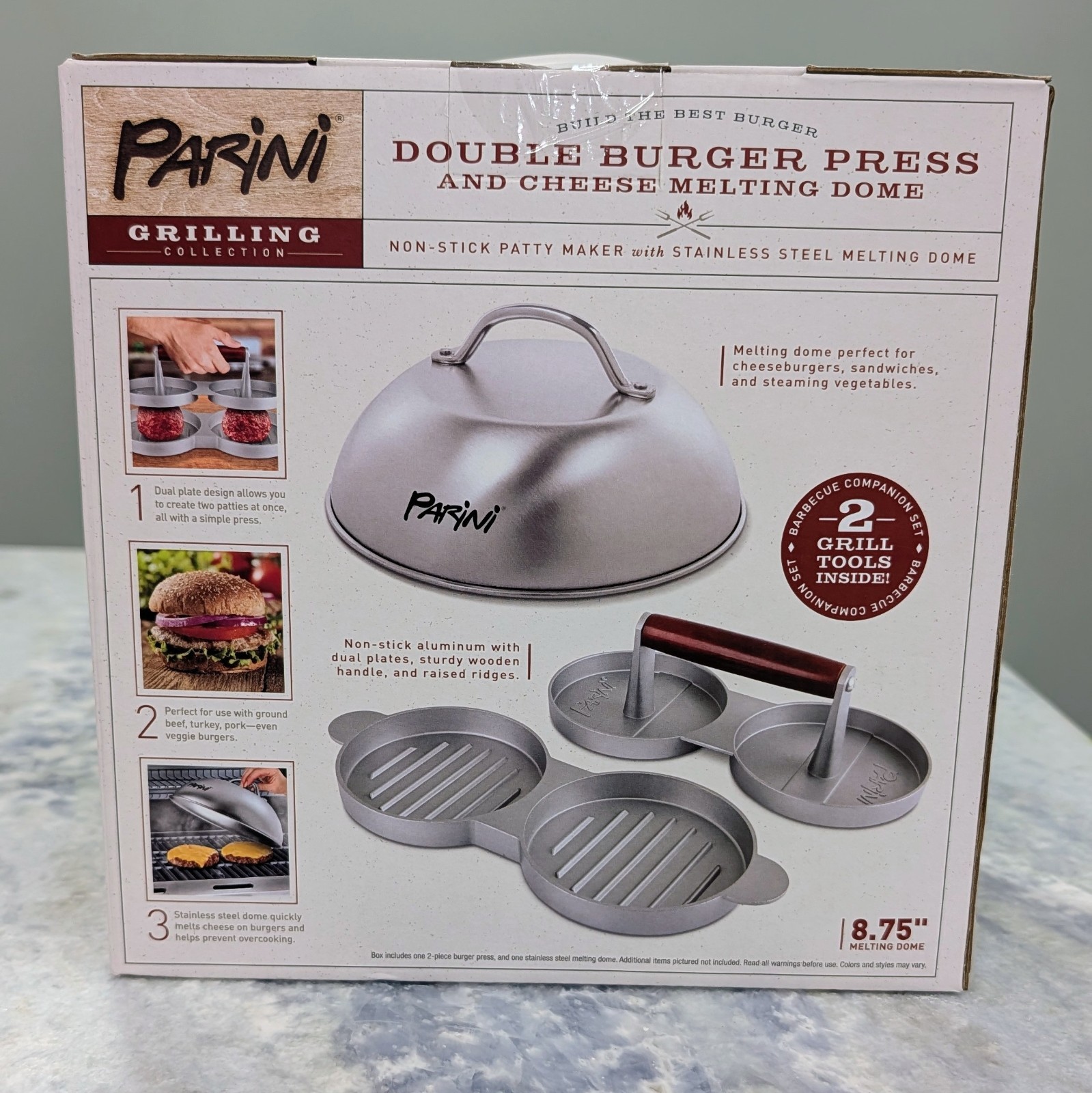 Double Burger Press And Cheese Melting Dome . Nonstick Stainless Steel NIB gallery