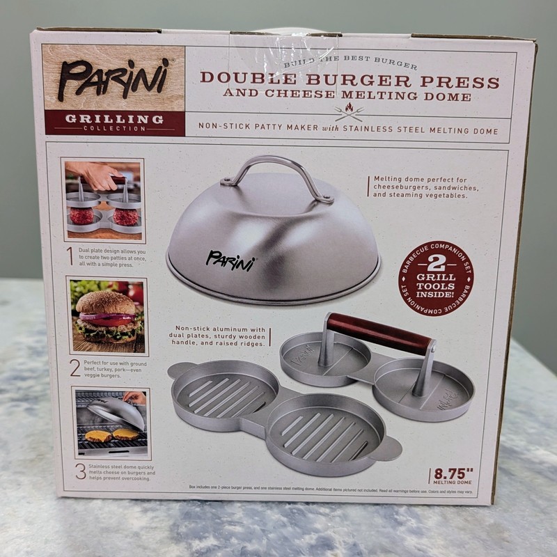 Double Burger Press And Cheese Melting Dome . Nonstick Stainless Steel NIB gallery