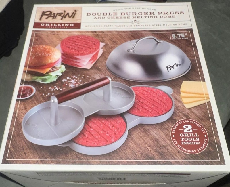 Parini Double Non-Stick Burger Press & Cheese Melting Dome 8.75" NIB. +2 Tools. gallery