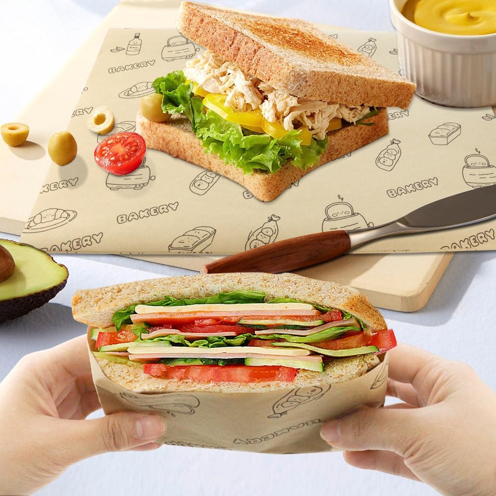50 Pcs Sandwich Wrapping Paper Deli Wraps, Waterproof 15” x 11”, Wood gallery