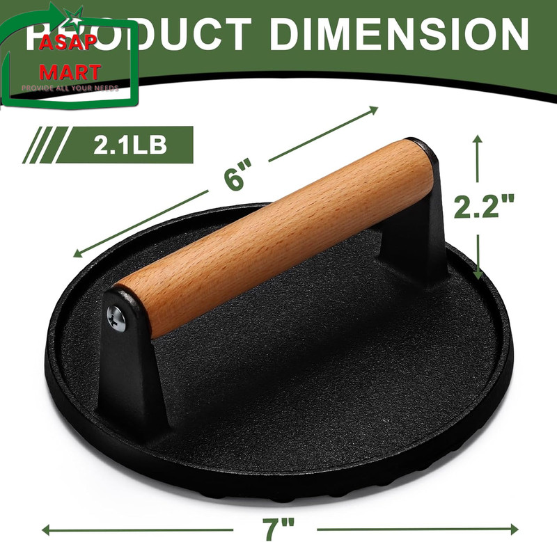 EWFEN Burger Press, 7" round Heavy-Duty Cast Iron Smash Bacon Press Meat Steak w gallery