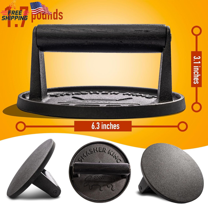 SMASHER KING™ - Premium Cast Iron Smash Burger Press Incl. 25 Pcs of Patty Paper gallery