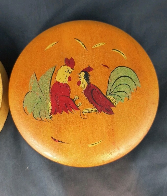 2 Vtg Primitive 50's Wooden Birds Roosters Hamburger Press 6" gallery