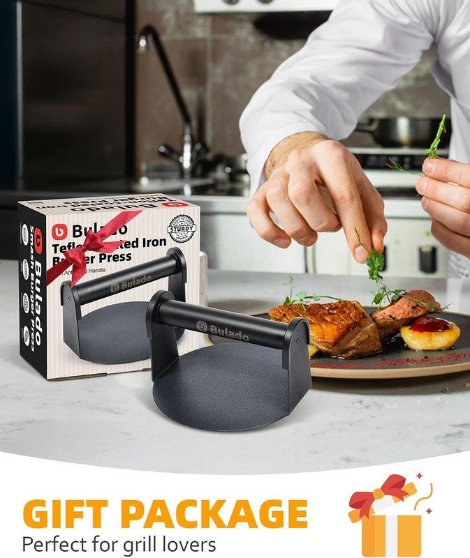 Burger Press 6'' Round Burger Smasher Griddle W/ Heat-Resistant Handle gallery